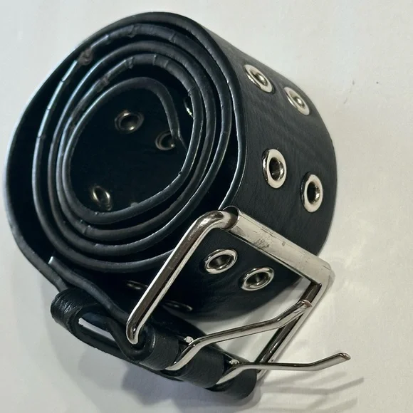 Brandy Melville Belt Black Faux Leather Double Holes One Size Silver Buckle - Picture 1 of 16